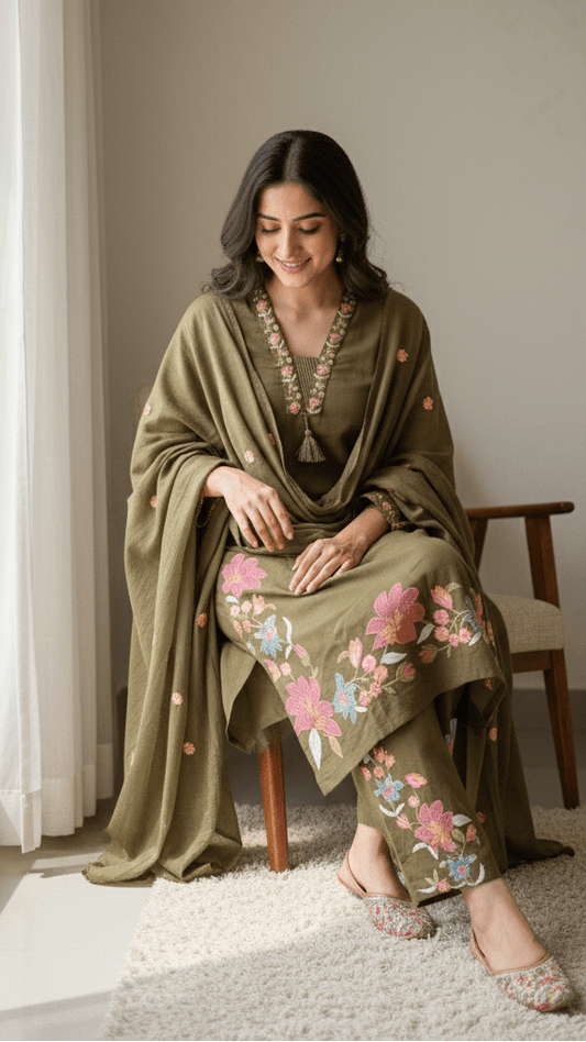 Serene Blossom Pure Cotton 3pc Suit Set - Mehendi Green