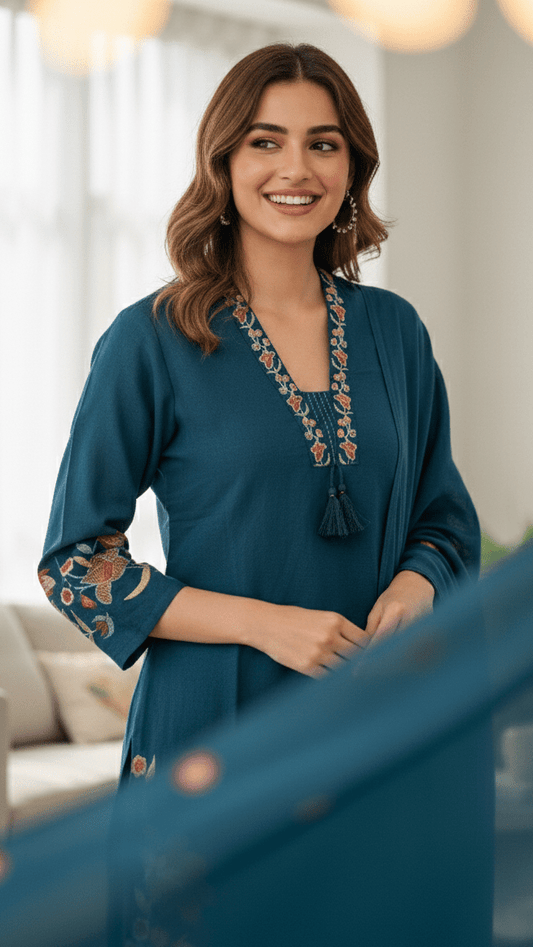 Serene Blossom Pure Cotton 3pc Suit Set - Teal Blue