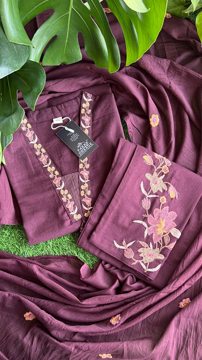 Serene Blossom Pure Cotton 3pc Suit Set - Wine