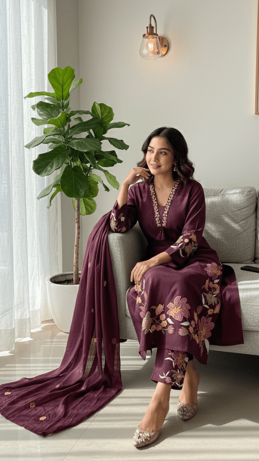 Serene Blossom Pure Cotton 3pc Suit Set - Wine