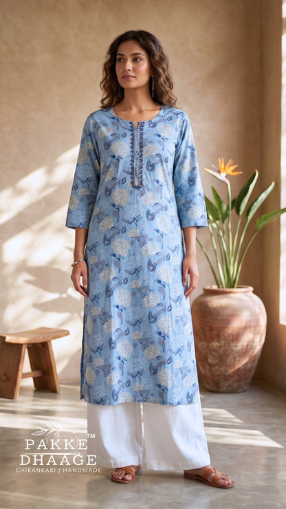 Serene Sky Blue Floral Cluster 100% Premium Cotton Kurta