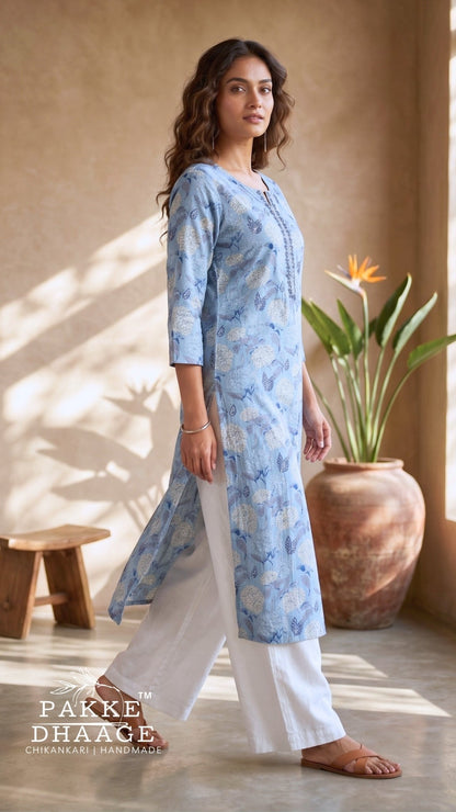 Serene Sky Blue Floral Cluster 100% Premium Cotton Kurta