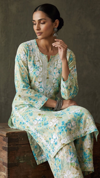 Shifa Printed Pure Mulmul Kurta Sets - Green