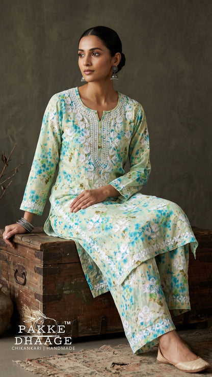Shifa Printed Pure Mulmul Kurta Sets - Green