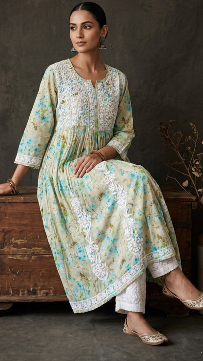 Shifa Printed Pure Mulmul Kurta Sets - Green