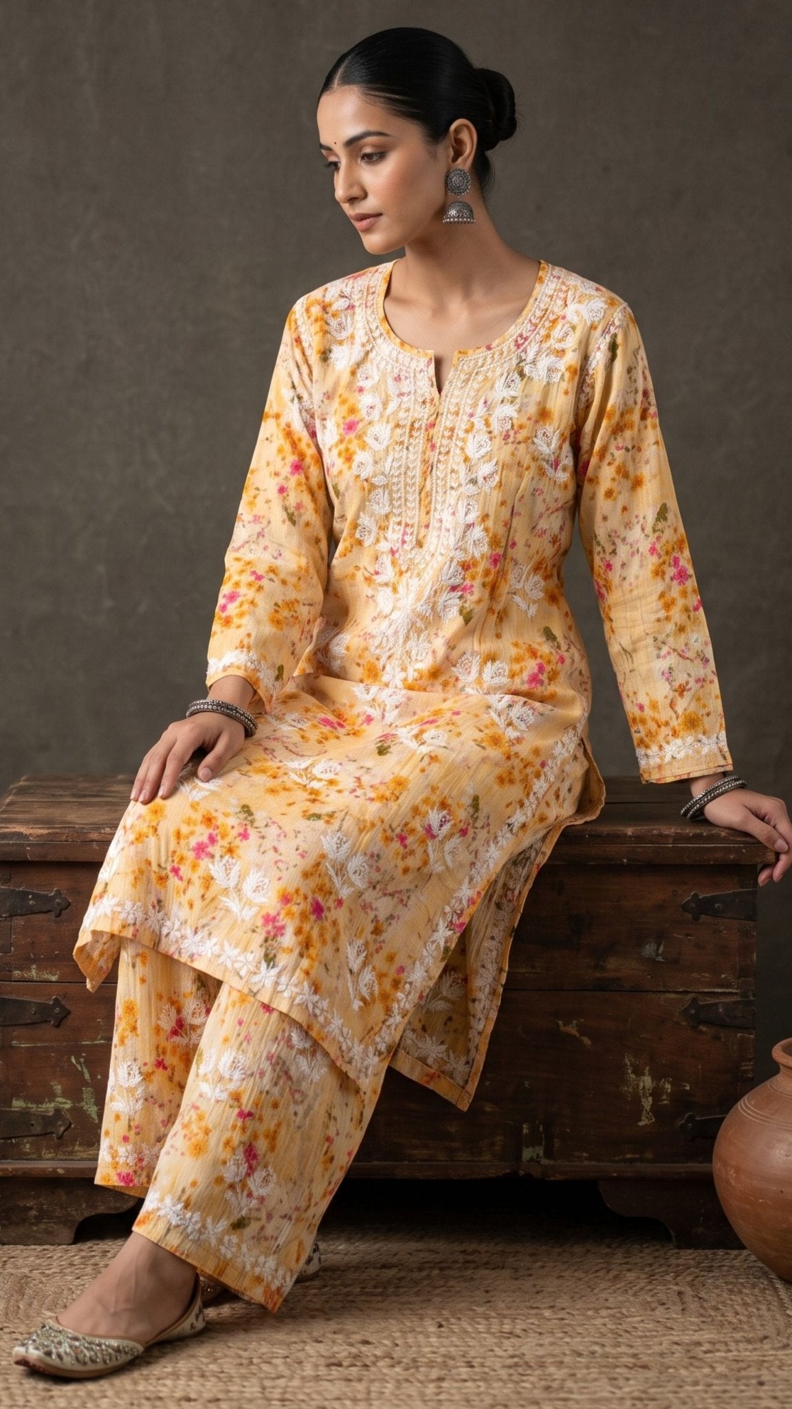 Shifa Printed Pure Mulmul Kurta Sets - Yellow