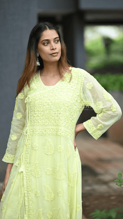 Siya Chikankari Pure Kota Angrakha with Inner - Lime Green