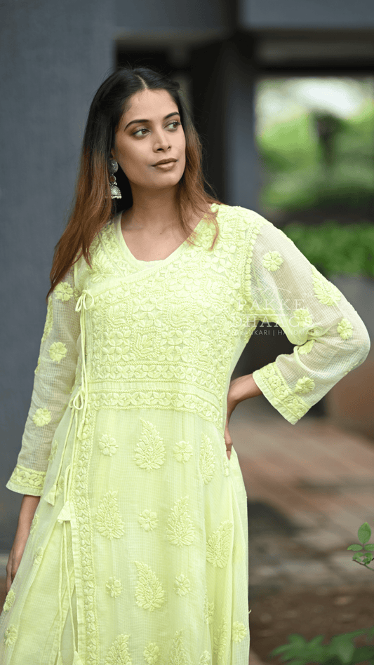 Siya Chikankari Pure Kota Angrakha with Inner - Lime Green