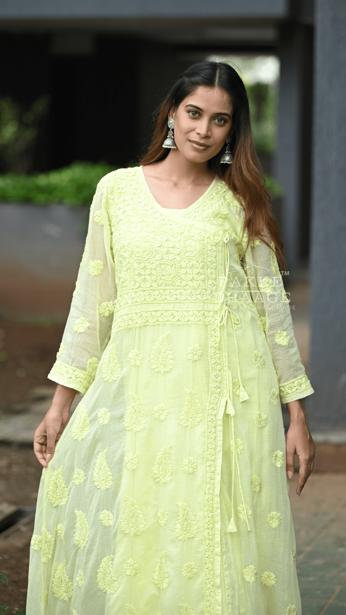 Siya Chikankari Pure Kota Angrakha with Inner - Lime Green