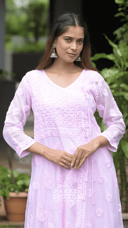 Siya Chikankari Pure Kota Angrakha with Inner - Pastel Pink