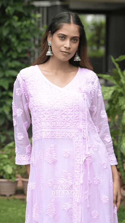 Siya Chikankari Pure Kota Angrakha with Inner - Pastel Pink