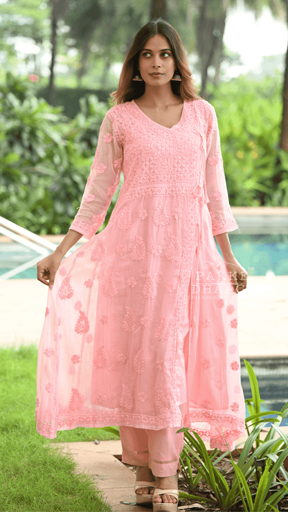Siya Chikankari Pure Kota Angrakha with Inner - Peach Pearl
