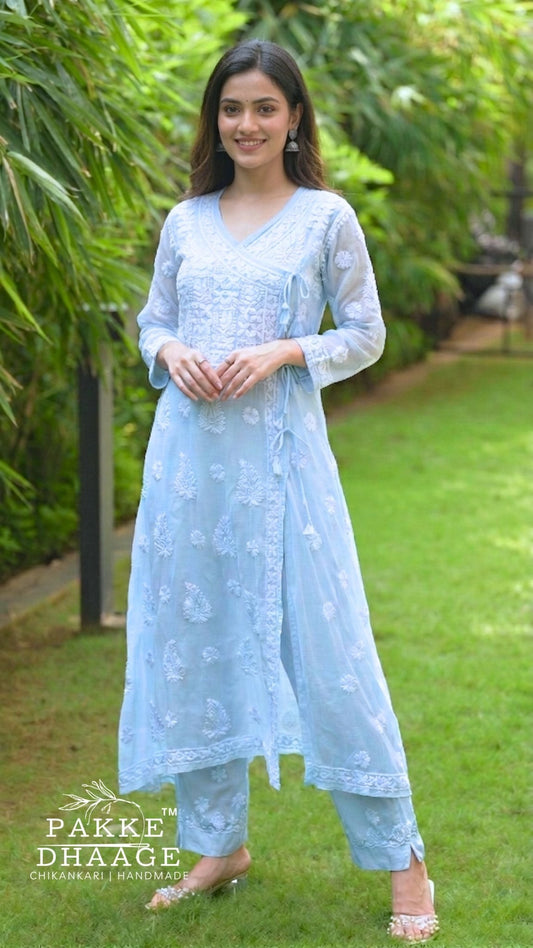 Siya Chikankari Pure Kota Angrakha with Inner - Powder Blue