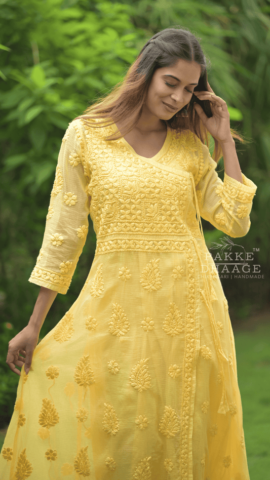 Siya Chikankari Pure Kota Angrakha with Inner - Sunshine Yellow