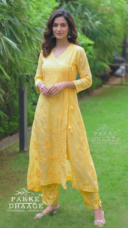Siya Chikankari Pure Kota Angrakha with Inner - Sunshine Yellow
