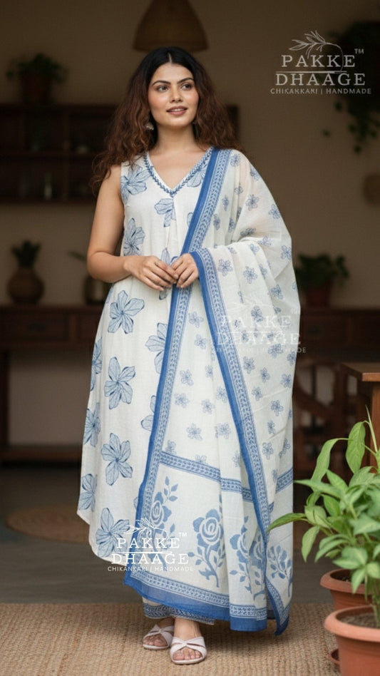Soft Ivory with Blue Whispers Pure Cotton Suit Set