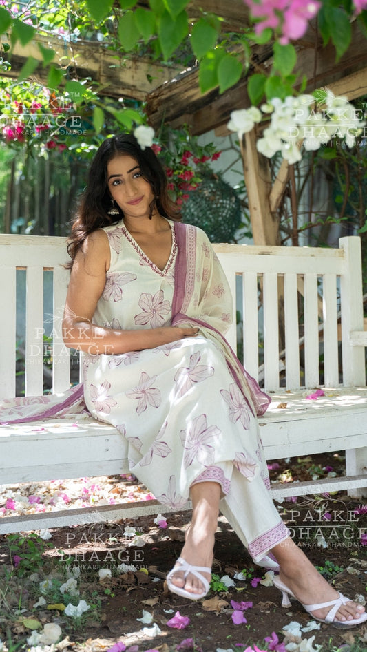Woman in an ivory white suit set printed with pink floral accents sitting on a white bench in a garden setting.
