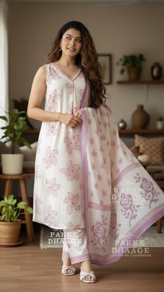 Soft Ivory with Lavender Whispers Pure Cotton Suit Set