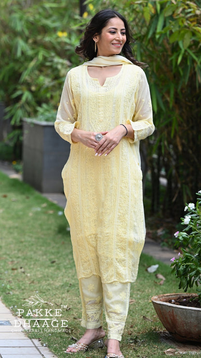 Muskan Pure Kota Doria Chikankari Kurta Sets - Buttercup Yellow