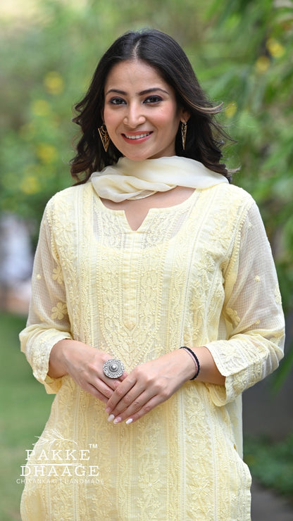 Muskan Pure Kota Doria Chikankari Kurta Sets - Buttercup Yellow