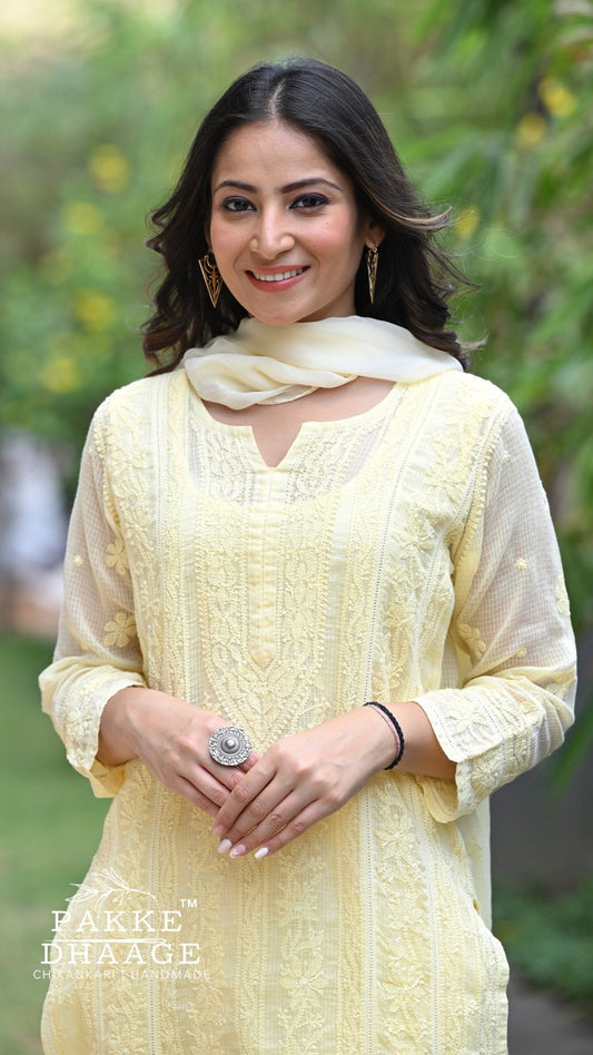 Muskan Pure Kota Doria Chikankari Kurta Sets - Buttercup Yellow