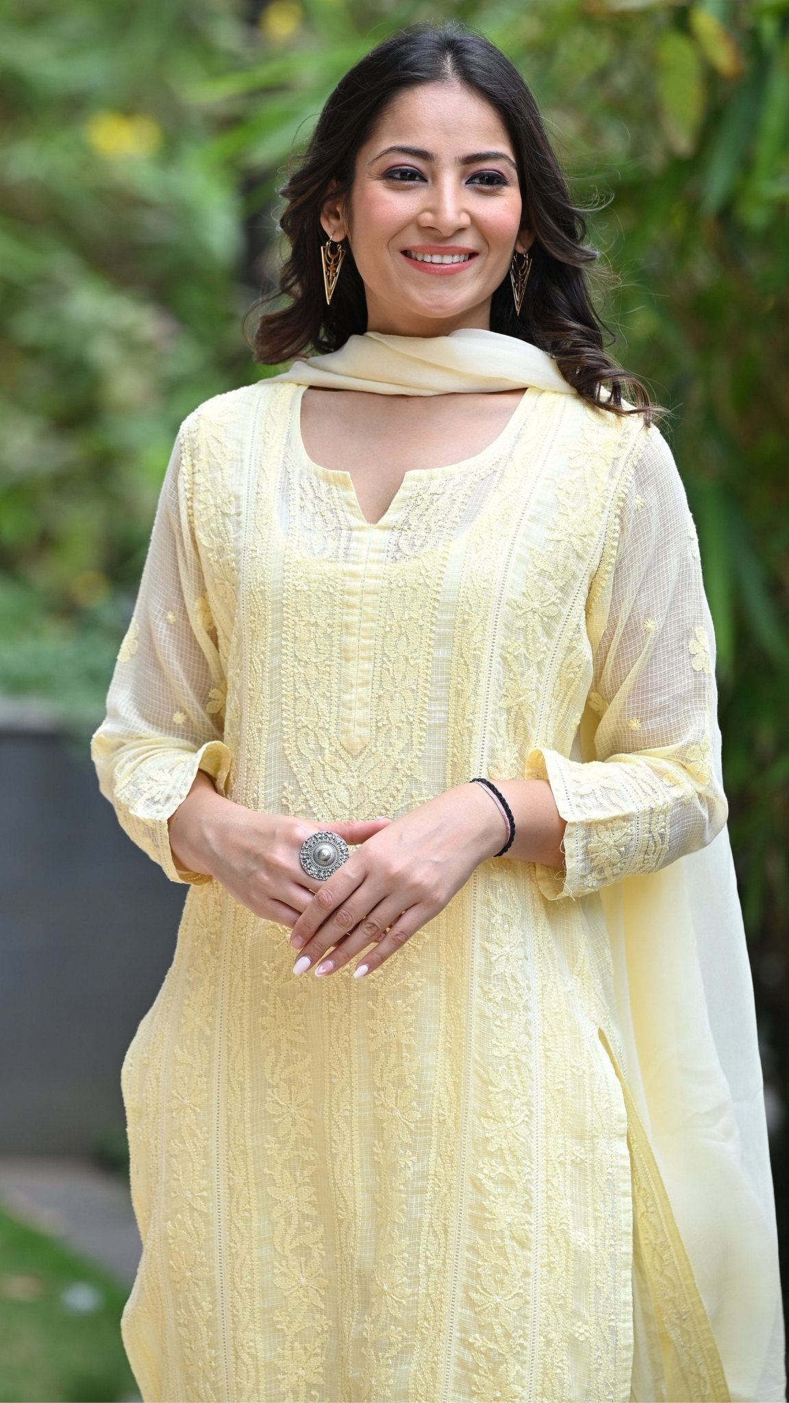 Muskan Pure Kota Doria Chikankari Kurta Sets - Buttercup Yellow