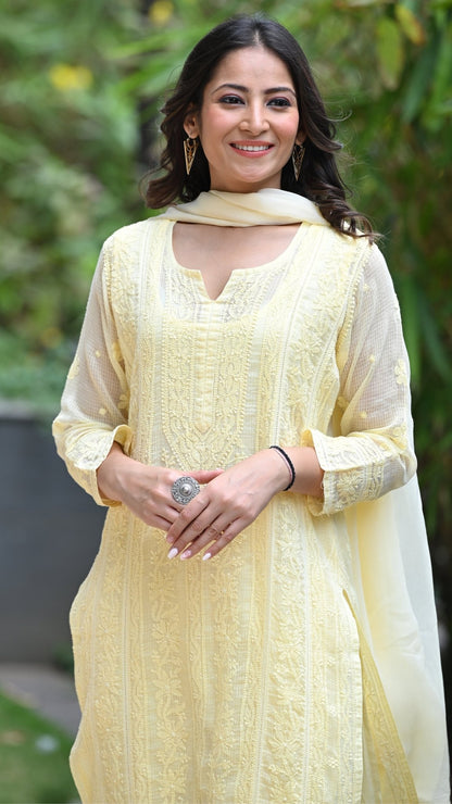 Muskan Pure Kota Doria Chikankari Kurta Sets - Buttercup Yellow
