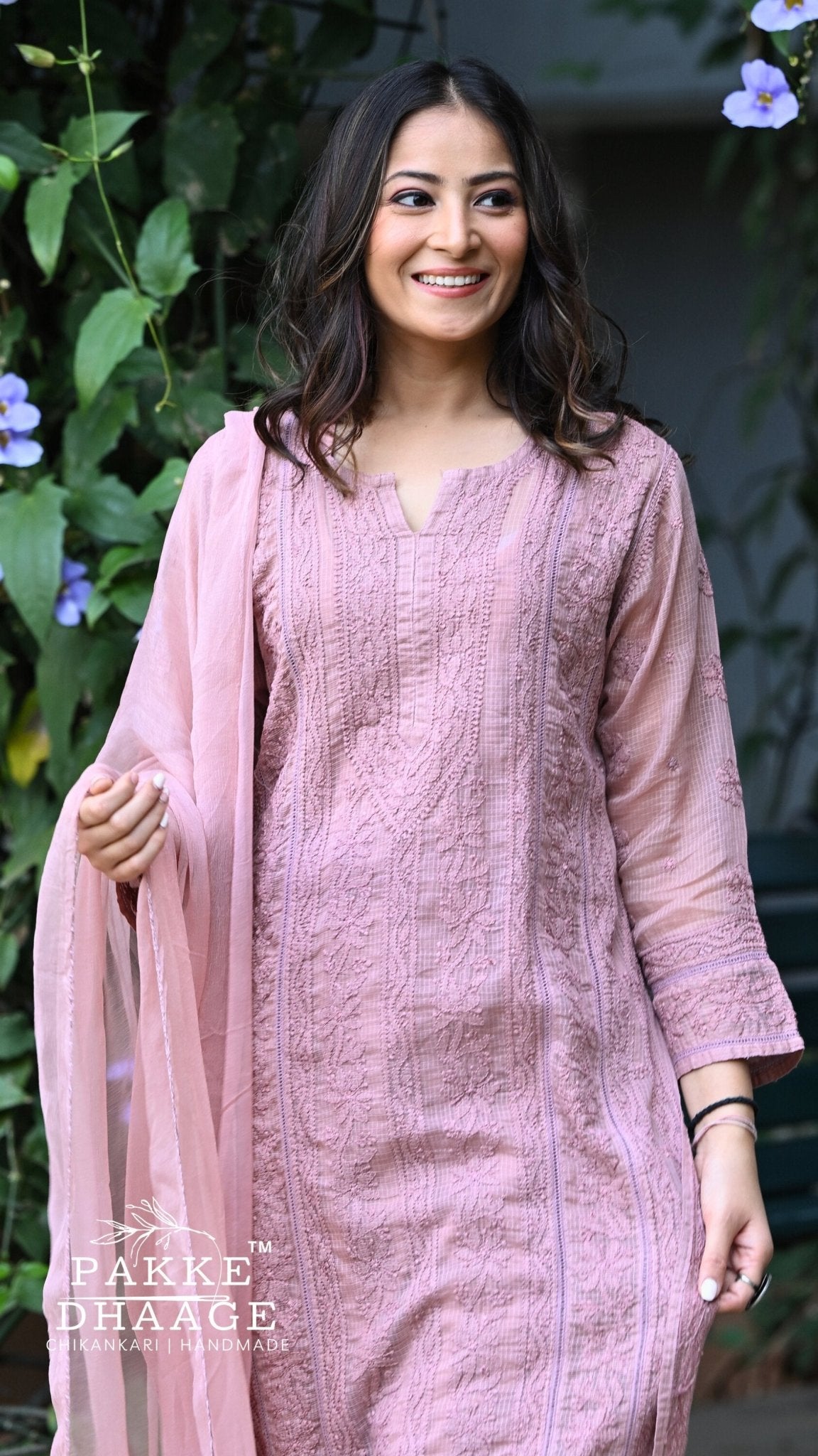 Muskan Pure Kota Doria Chikankari Kurta Sets - Dusty Mauve