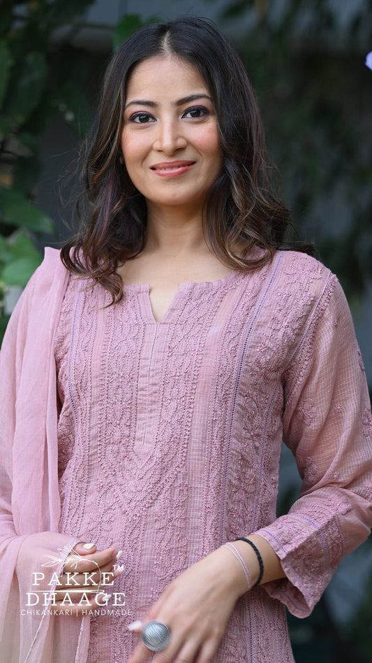 Muskan Pure Kota Doria Chikankari Kurta Sets - Dusty Mauve