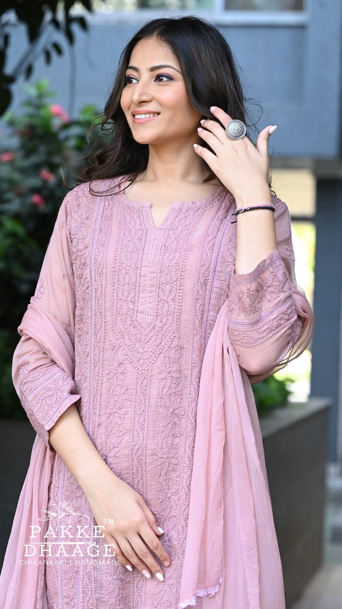 Muskan Pure Kota Doria Chikankari Kurta Sets - Dusty Mauve