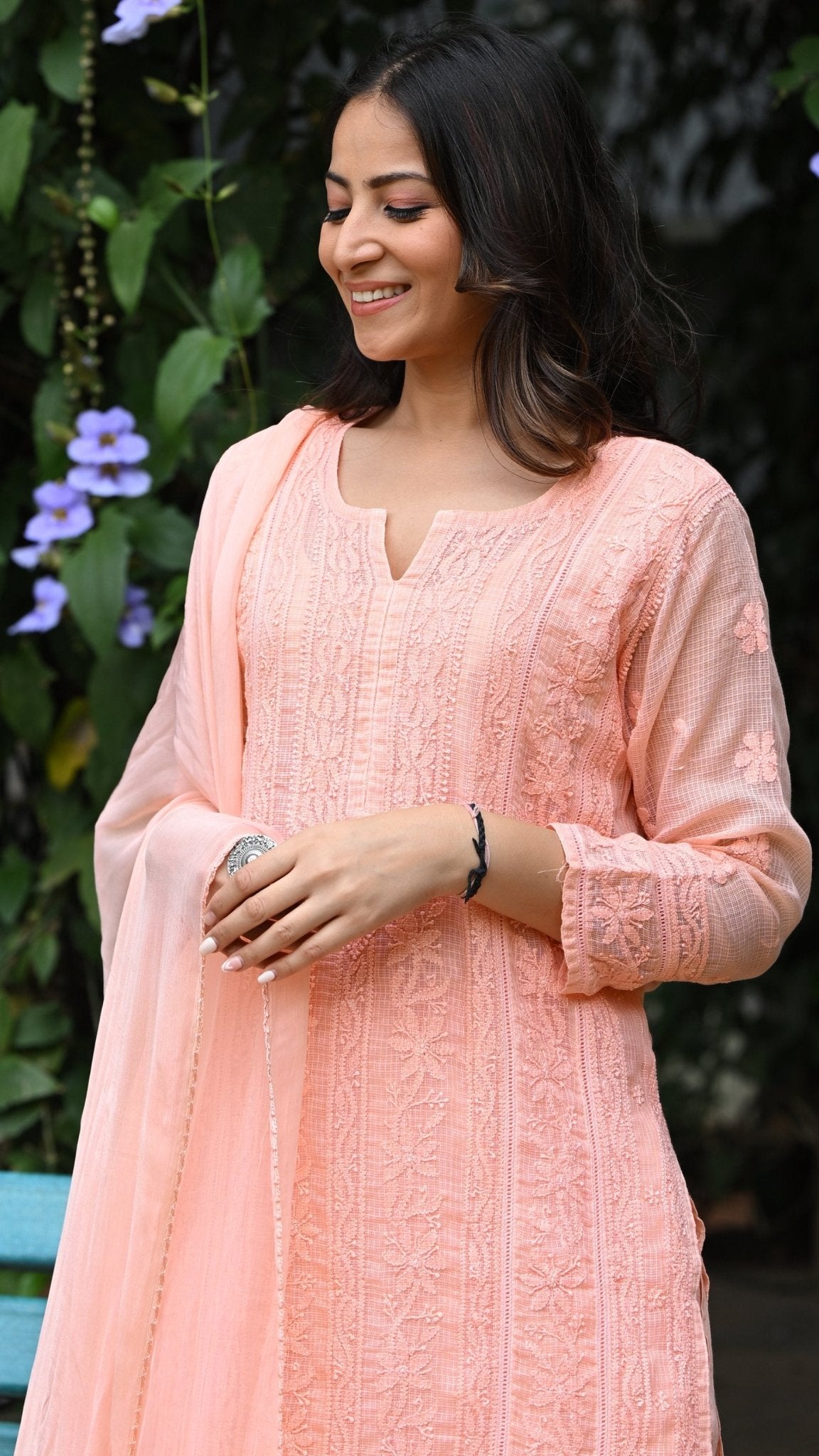 Muskan Pure Kota Doria Chikankari Kurta Sets - Peach Blossom