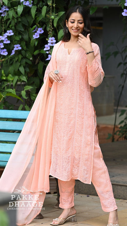 Muskan Pure Kota Doria Chikankari Kurta Sets - Peach Blossom