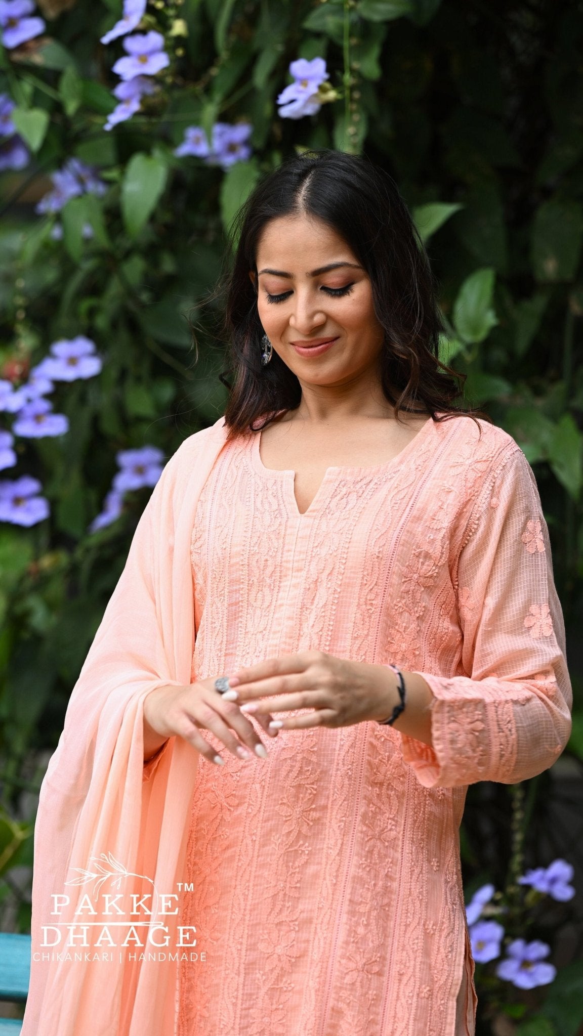Muskan Pure Kota Doria Chikankari Kurta Sets - Peach Blossom