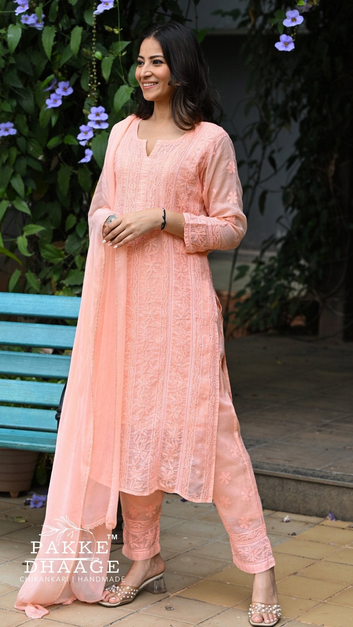 Muskan Pure Kota Doria Chikankari Kurta Sets - Peach Blossom
