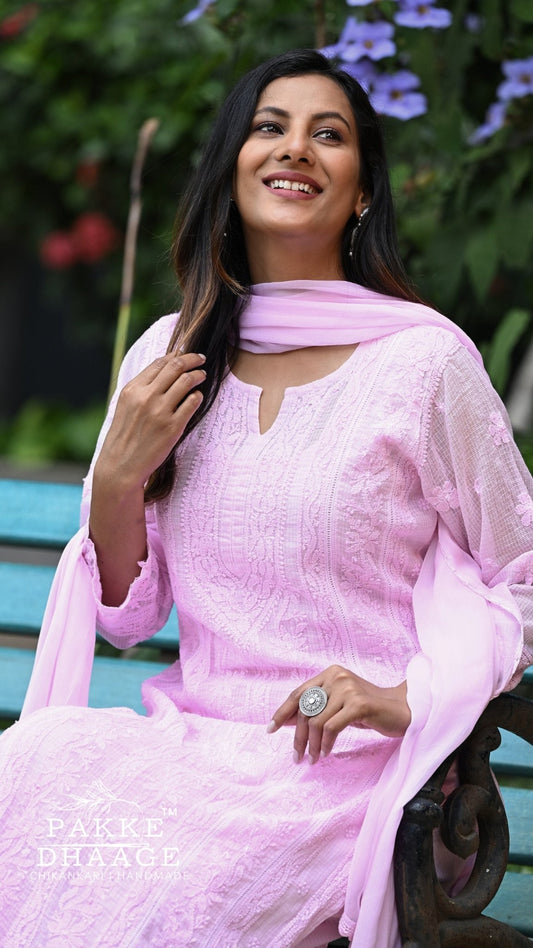 Muskan Pure Kota Doria Chikankari Kurta Sets - Pink