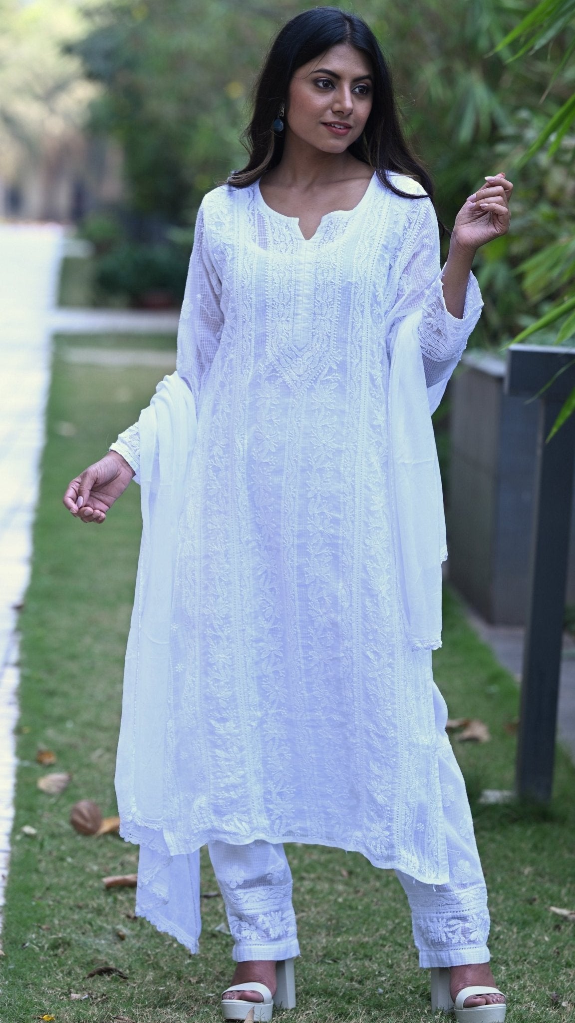Muskan Pure Kota Doria Chikankari Kurta Sets - Pristine White