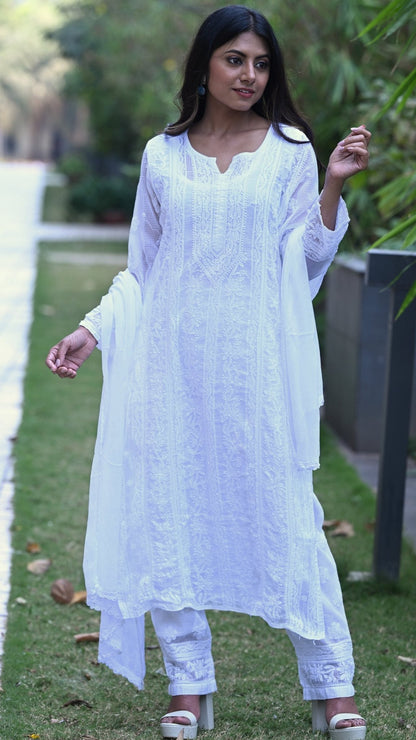 Muskan Pure Kota Doria Chikankari Kurta Sets - Pristine White