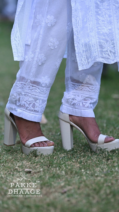 Muskan Pure Kota Doria Chikankari Kurta Sets - Pristine White