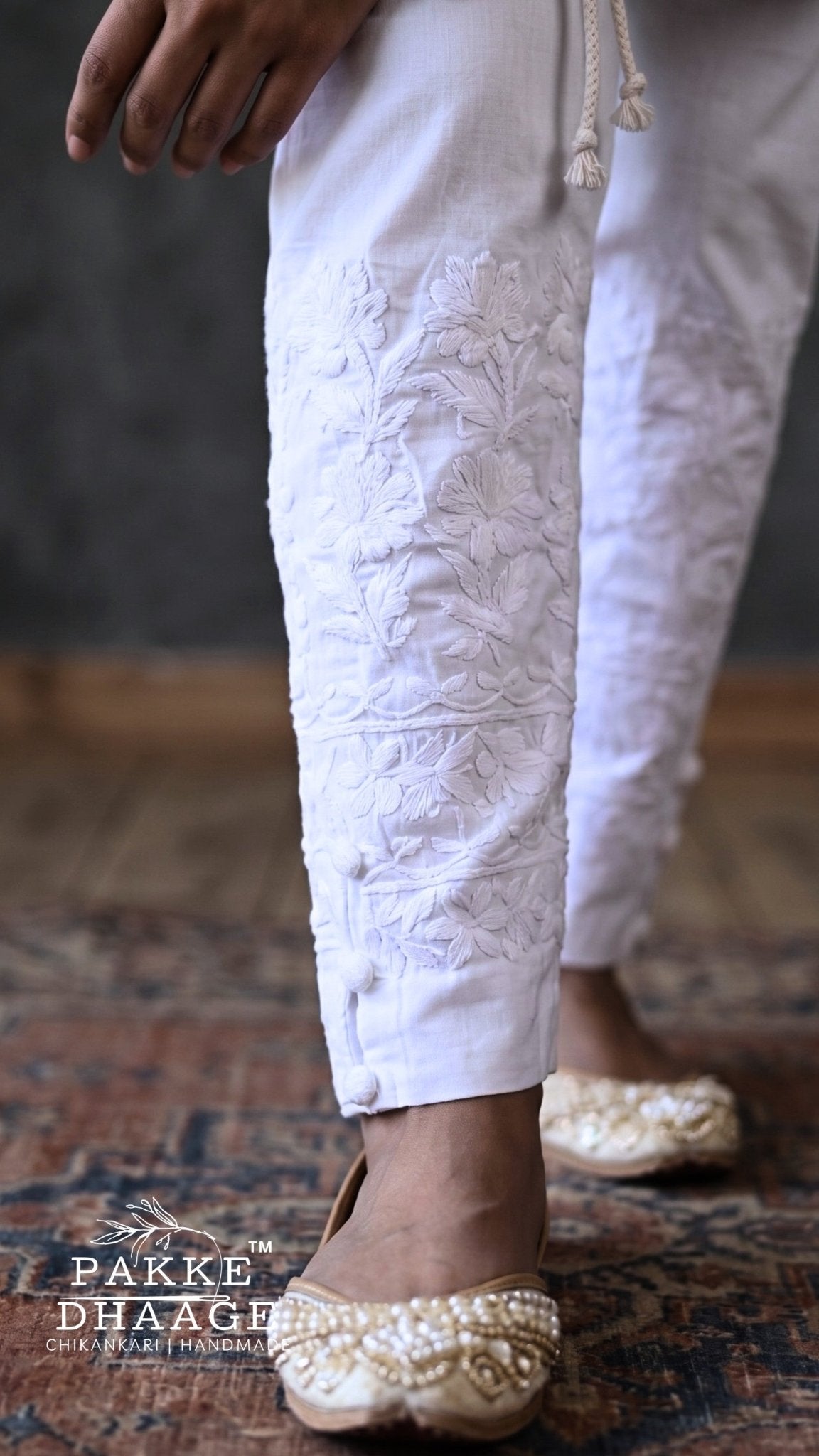 Tapered Cotton Chikankari Pants | Handmade Potli Detail