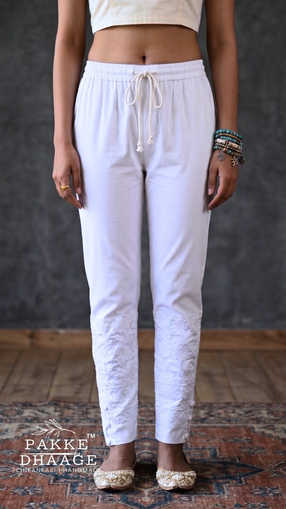 Tapered Cotton Chikankari Pants | Handmade Potli Detail