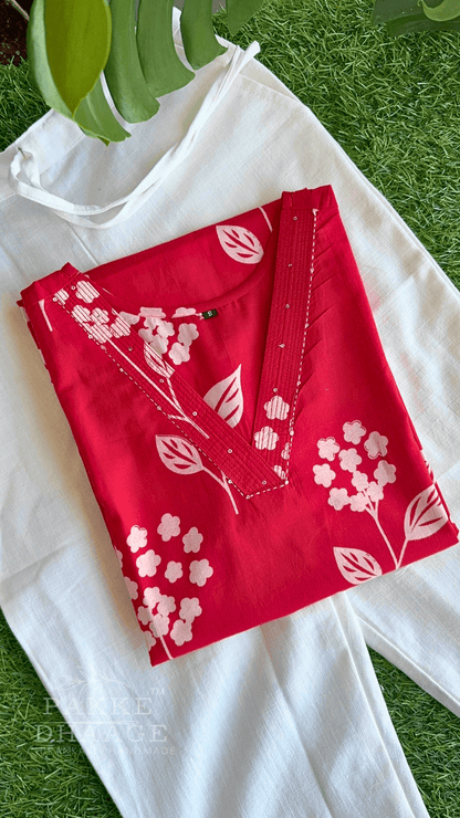 Trisha Pure Cotton Jaipuri Printed Kurti Floral Bright Red