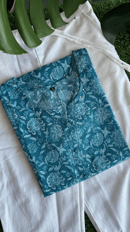 Trisha Pure Cotton Jaipuri Printed Kurti Floral Teal