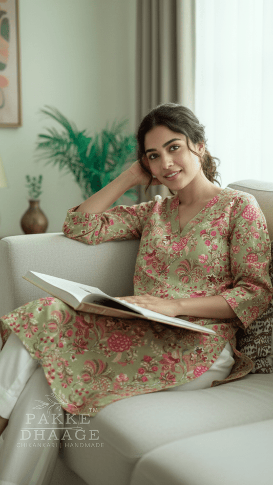 Trisha Pure Cotton Jaipuri Printed Kurti Dessert Green