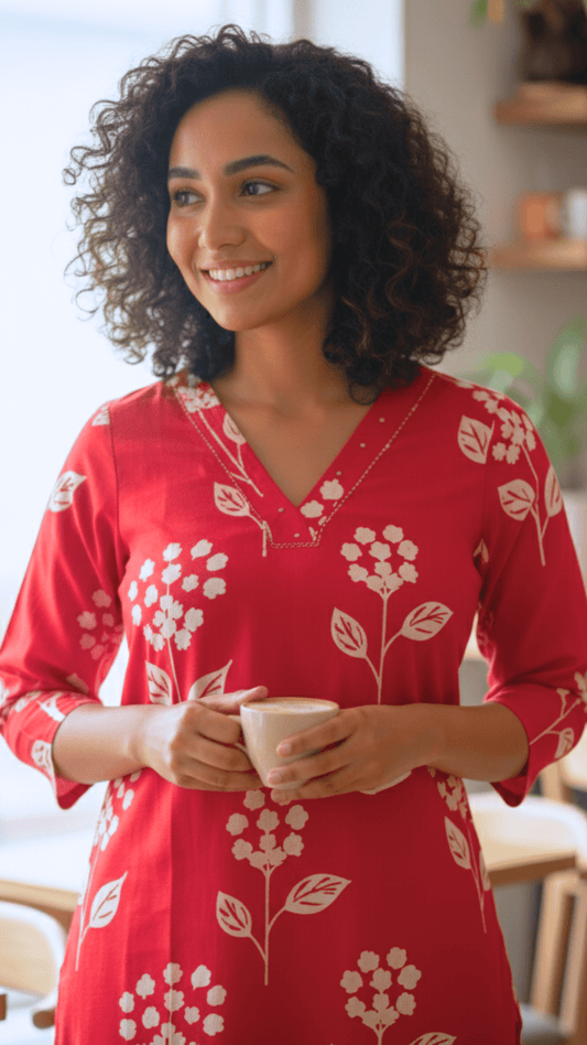 Trisha Pure Cotton Jaipuri Printed Kurti Floral Bright Red