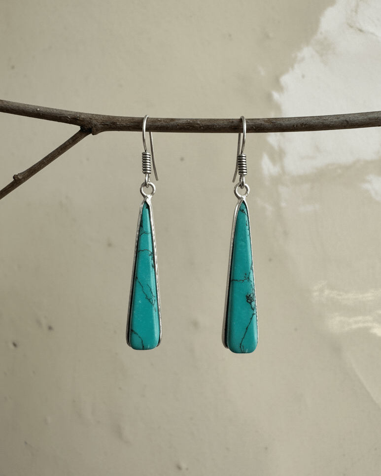 Turquoise drop earrings hanging from a branch on a neutral background