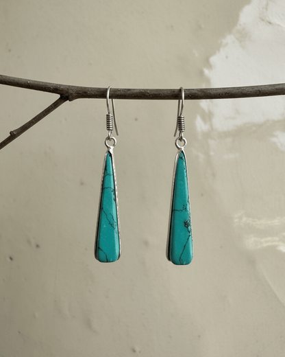 Turquoise drop earrings hanging from a branch on a neutral background