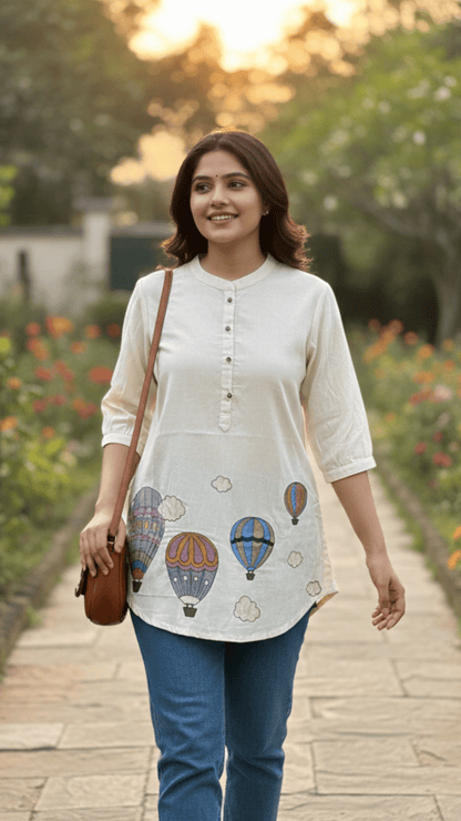 Wanderlust Pure Cotton Embroidered Short Tops - Cappadocia Beige