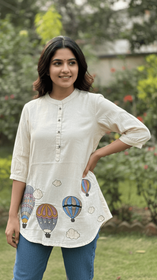 Wanderlust Pure Cotton Embroidered Short Tops - Cappadocia Beige