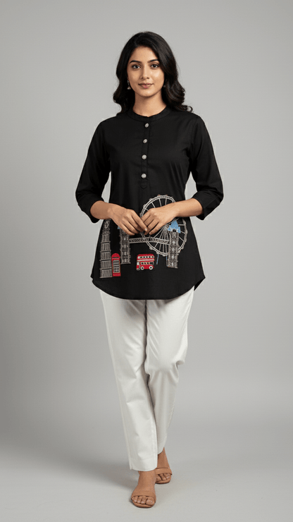 Wanderlust Pure Cotton Embroidered Short Tops - London Black