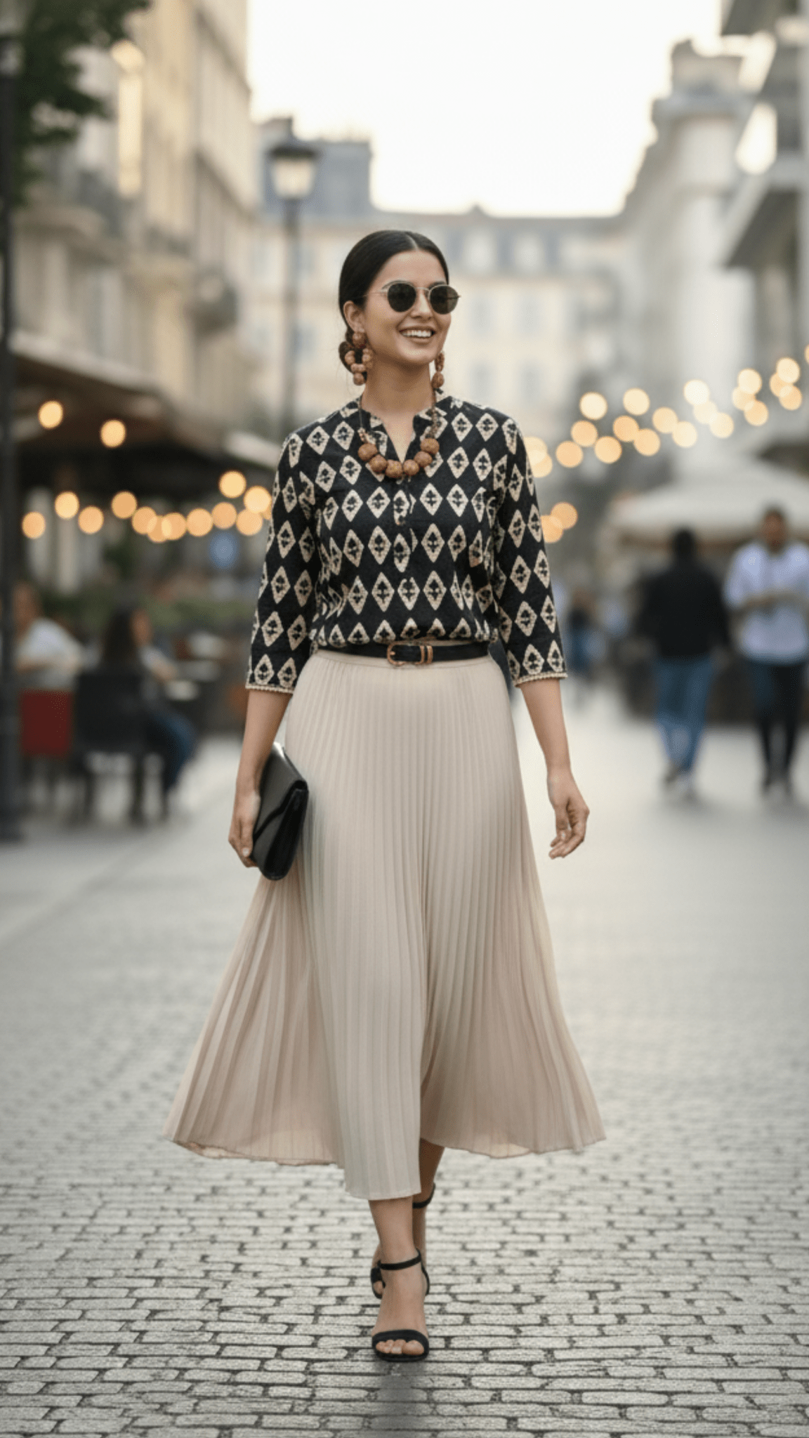 Woman in a stylish outfit with a patterned shirt and pleated skirt walking on a street.